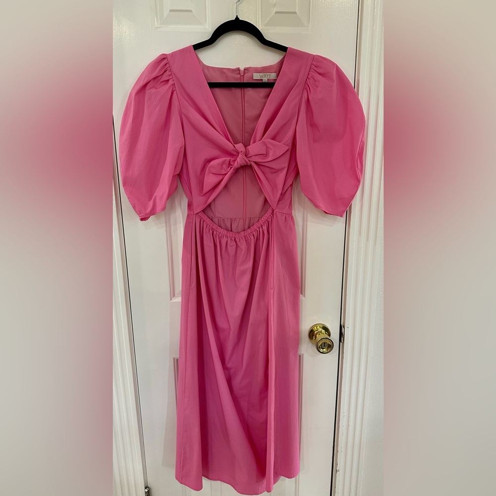 WAYF Pink Peggy Twist CutOut Puff Sleeve Midi Dress Women’s Size Small